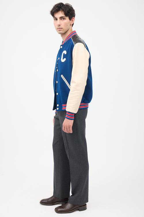 Celine Navy 
Multi Wool 
Leather Teddy Varsity Jacket