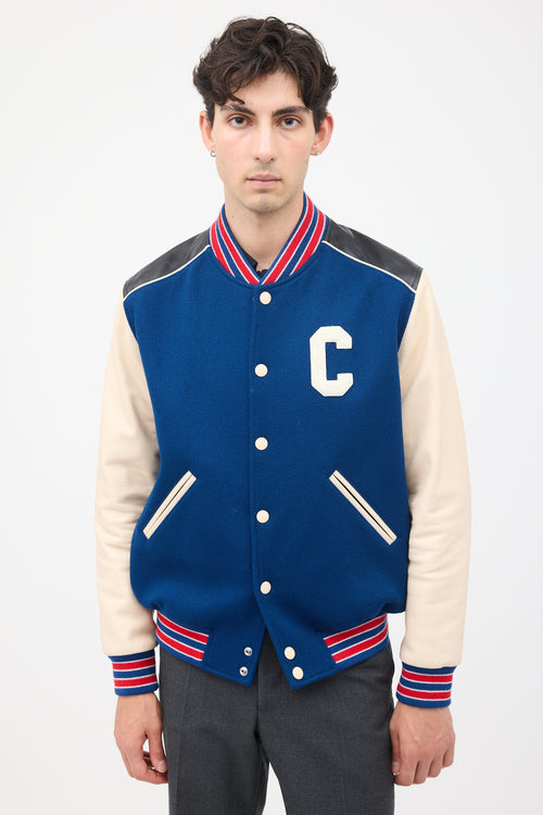 Celine Navy 
Multi Wool 
Leather Teddy Varsity Jacket