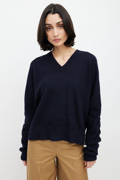 Celine Navy Wool V-Neck Ruched Sweater