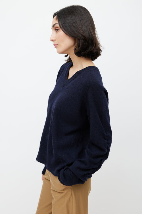 Celine Navy Wool V-Neck Ruched Sweater