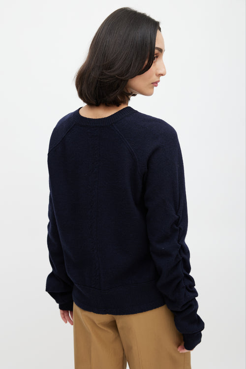 Celine Navy Wool V-Neck Ruched Sweater