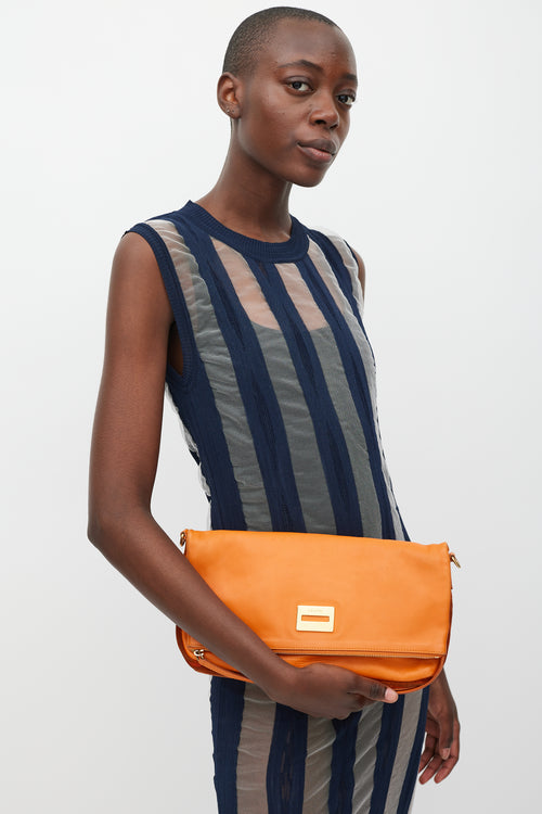 Celine Orange Leather 
Suede Foldover Shoulder Bag