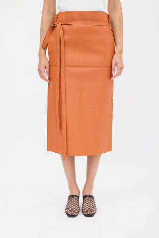 Celine Orange Leather Tie Waist Midi Skirt