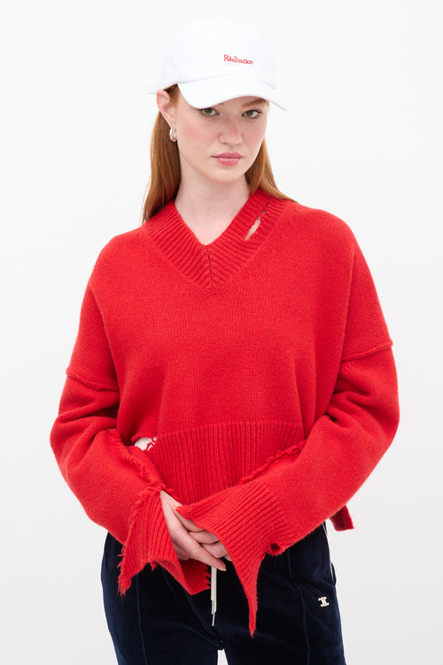 Celine Red Distressed Wool Crop Sweater