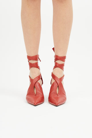 Celine Red Leather Lace Up Heel Pump