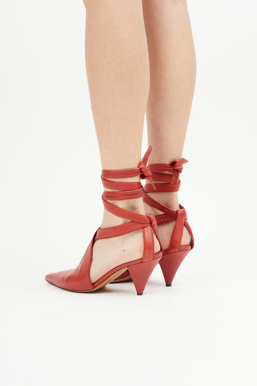 Celine Red Leather Lace Up Heel Pump