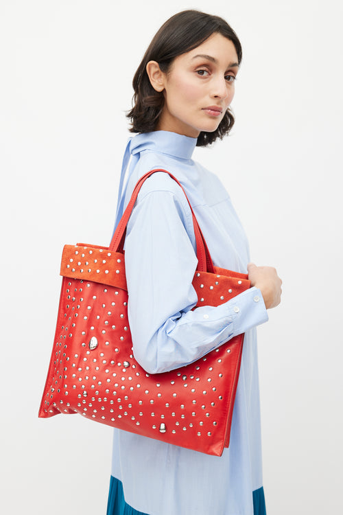 Celine SS 2017 Red 
Silver Studded Cabas Tote Bag