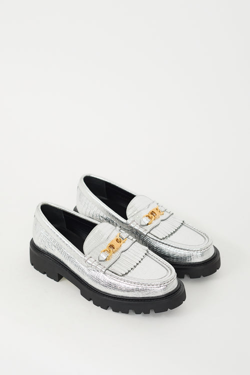 Celine Silver Embossed Leather Margaret Fringe Loafer