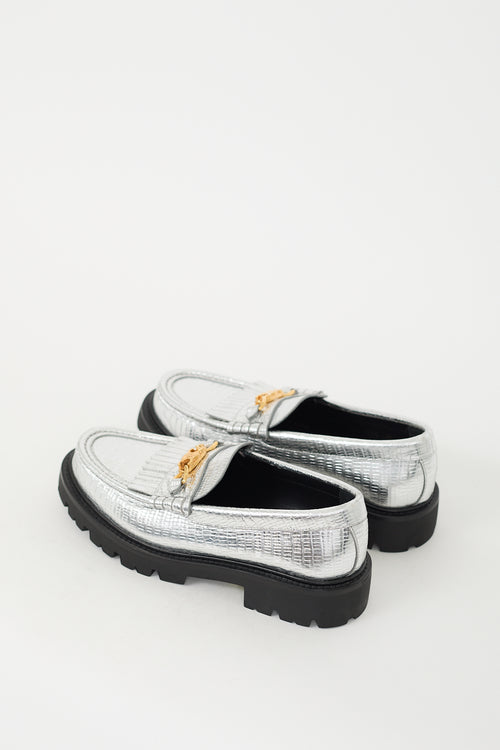 Celine Silver Embossed Leather Margaret Fringe Loafer