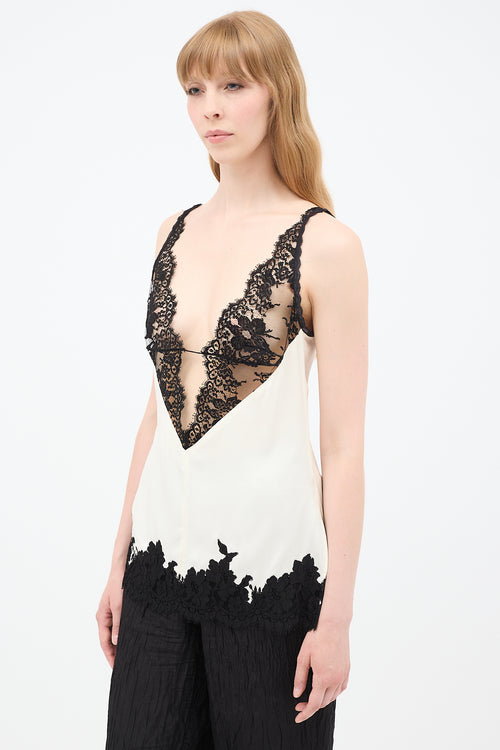 Celine Spring 2016 White 
Black Silk Lace Cami Top