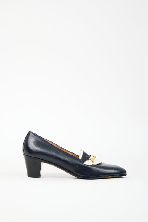 Celine Vintage Navy 
White Leather Heeled Loafer