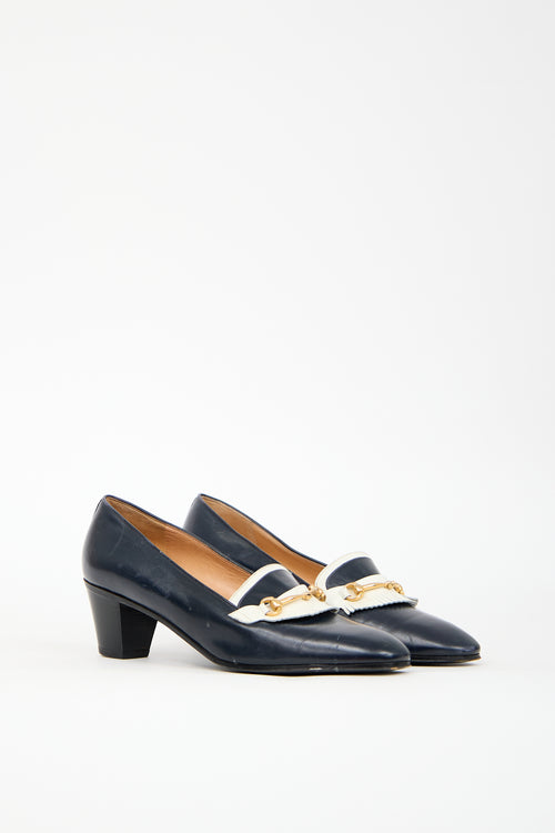 Celine Vintage Navy 
White Leather Heeled Loafer