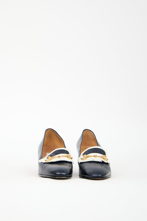 Celine Vintage Navy 
White Leather Heeled Loafer