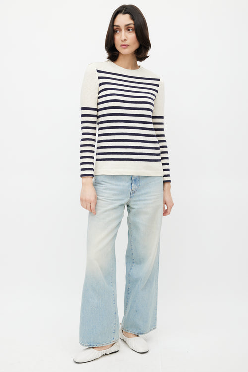 Celine Cream 
Navy Striped Knit Zip Sweate