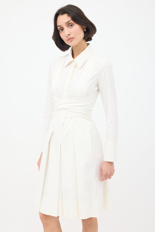 Celine White Cotton Tie Waist Pleated Shirt Dress