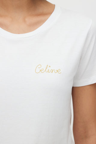 Celine White 
Gold Embroidered Logo T-Shirt