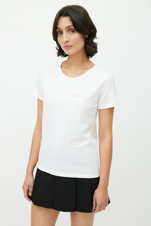 Celine White 
Gold Embroidered Logo T-Shirt