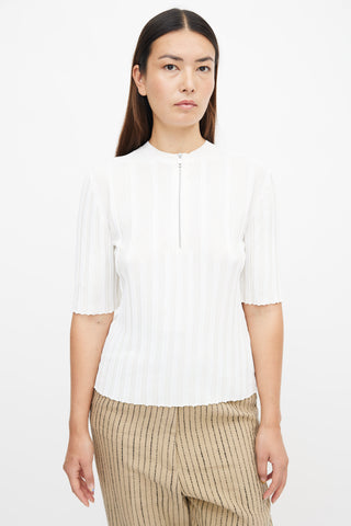 Celine White Silk Semi Sheer Ribbed Top