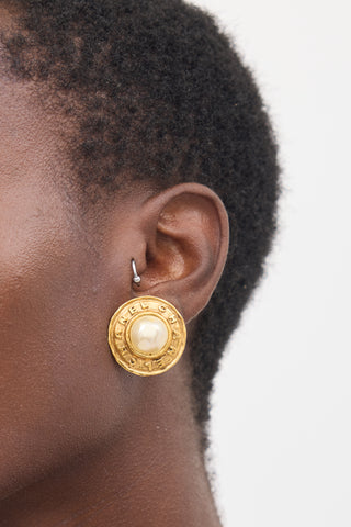 Chanel 1987 Gold Faux Pearl Circular Logo Earring