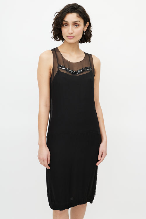 Chanel 1990s Black Silk Layered Embellished Dress