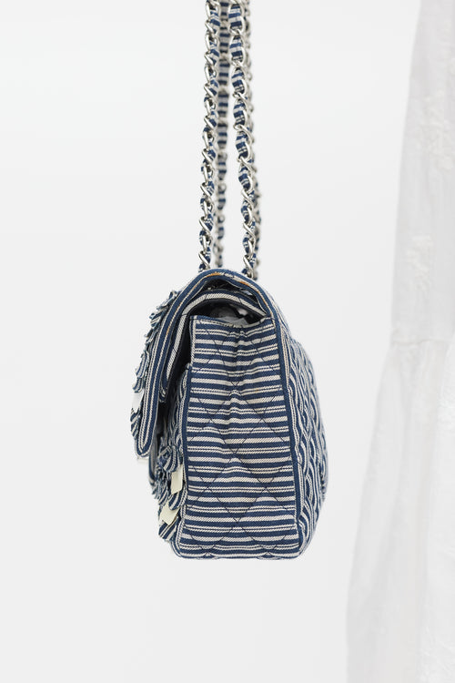 Chanel 2006-8 Blue 
White Cotton Fringed Double Flap Bag