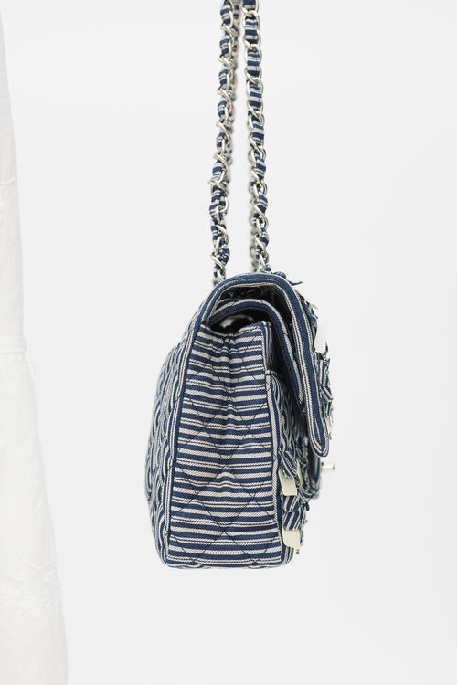 Chanel 2006-8 Blue 
White Cotton Fringed Double Flap Bag