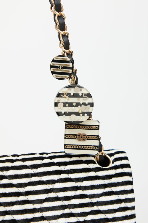 Chanel 2006 Black 
White Striped Velvet Classic Flap Bag