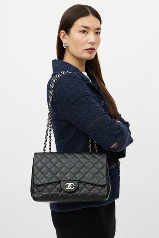 Chanel 2009 Black 
Silver Jumbo Single Flap Leather Bag