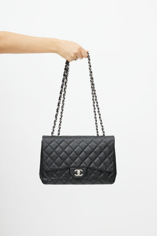 Chanel 2009 Black 
Silver Jumbo Single Flap Leather Bag