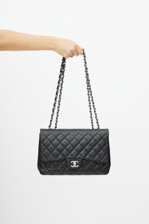 Chanel 2009 Black 
Silver Jumbo Single Flap Leather Bag