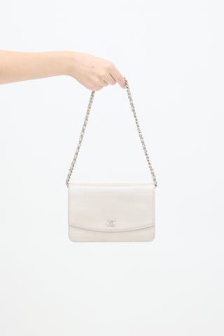 Chanel 2009 Pearl White Sevruga Caviar Leather Wallet On Chain Bag