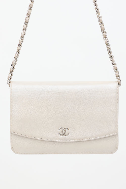 Chanel 2009 Pearl White Sevruga Caviar Leather Wallet On Chain Bag