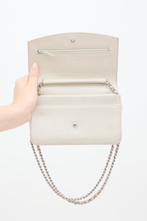 Chanel 2009 Pearl White Sevruga Caviar Leather Wallet On Chain Bag