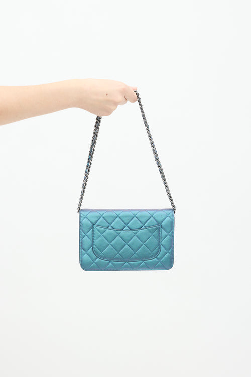 Chanel 2017 Blue Iridescent Quilted Wallet On Chain Bag