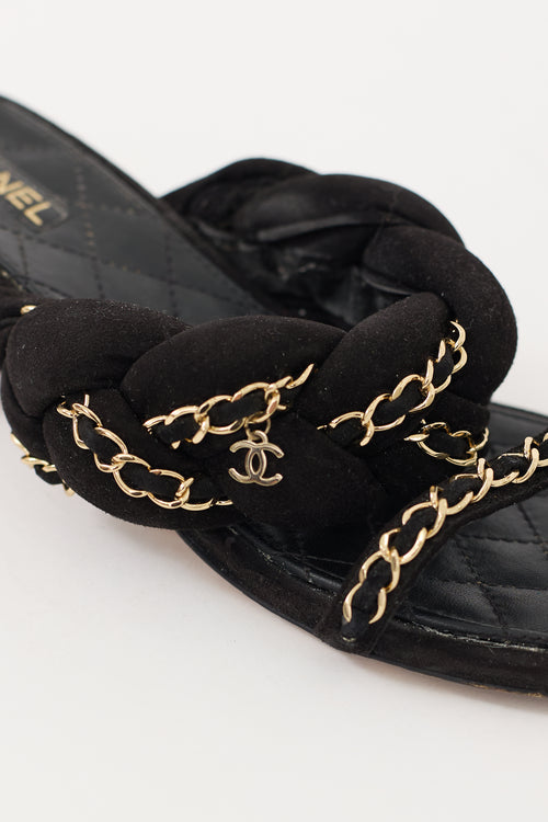 Chanel 2017 Black 
Gold Suede Chain Braided CC Sandal