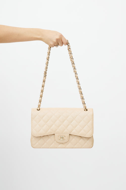 Chanel 2019 Beige Double Flap Caviar Jumbo Bag