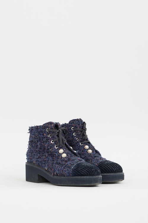 Chanel 2020 Navy 
Multicolour Tweed CC Combat Boot