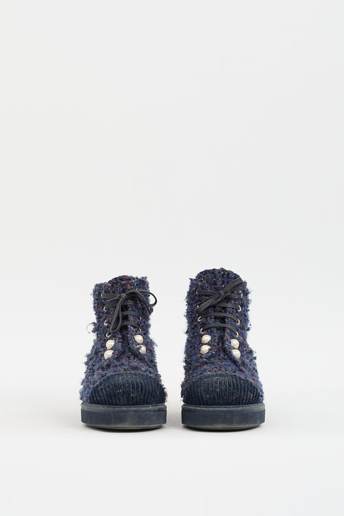 Chanel 2020 Navy 
Multicolour Tweed CC Combat Boot