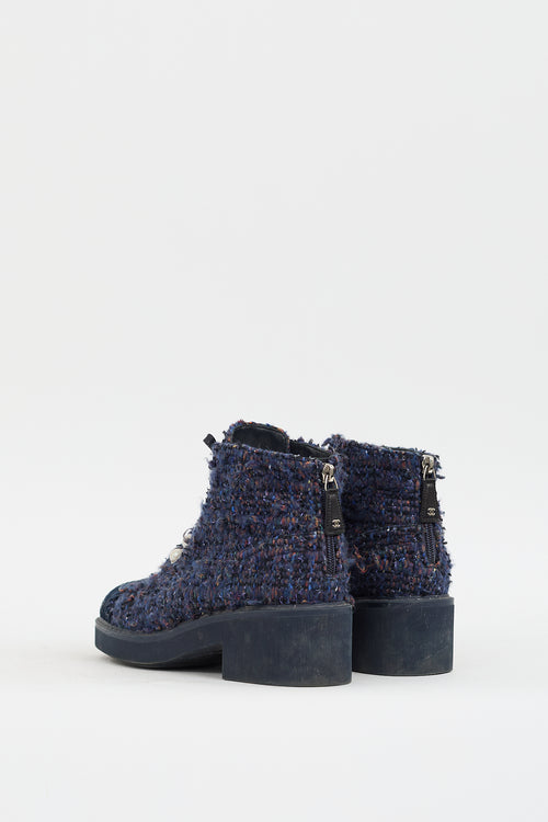 Chanel 2020 Navy 
Multicolour Tweed CC Combat Boot