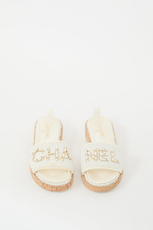 Chanel 2021 White Tweed Chain Logo Slide