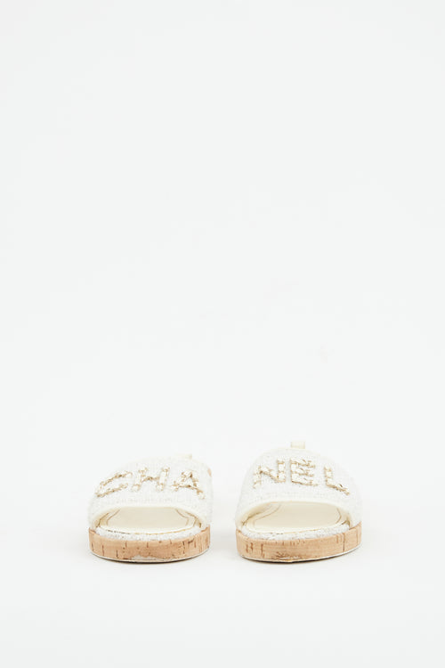 Chanel White Tweed Chain Logo Slide