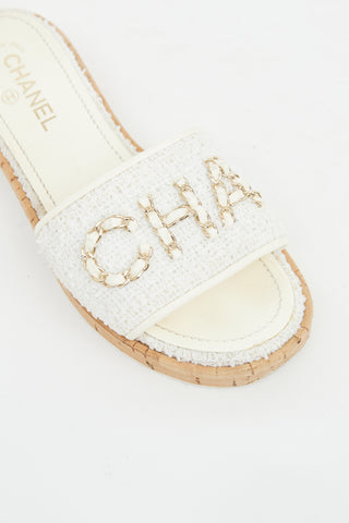 Chanel White Tweed Chain Logo Slide