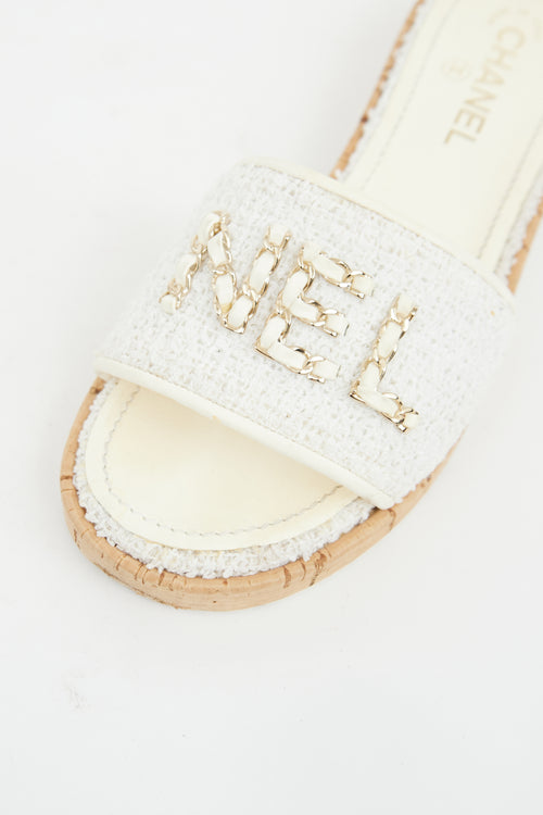 Chanel White Tweed Chain Logo Slide