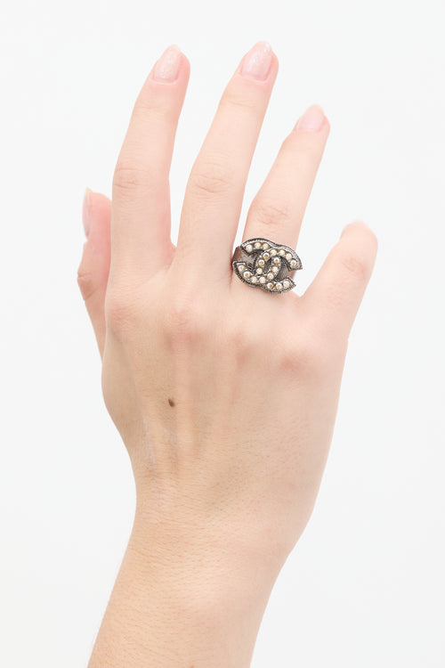 Chanel Aged Silver Crystal CC Ring