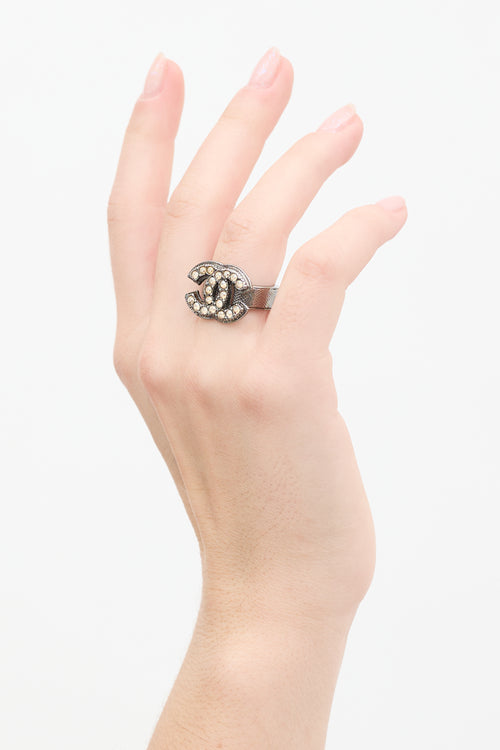 Chanel Aged Silver Crystal CC Ring