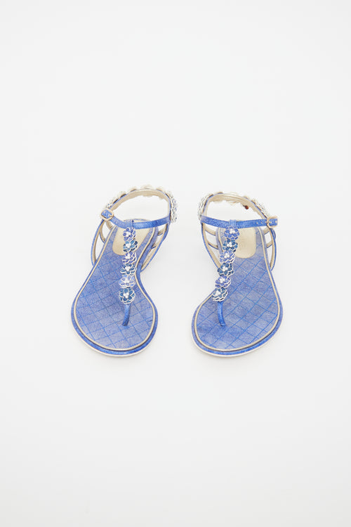 Chanel Blue Leather Flower Embellished Sandal