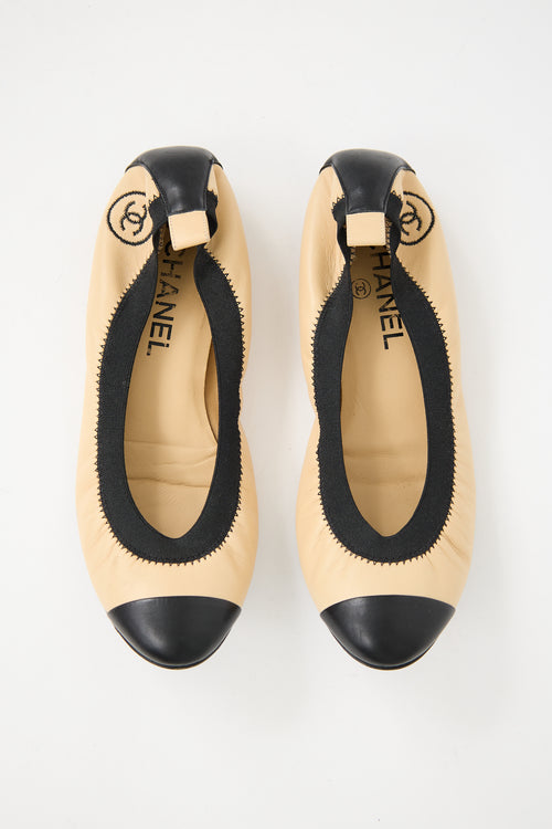 Chanel Beige 
Black Leather CC Ballet Flat