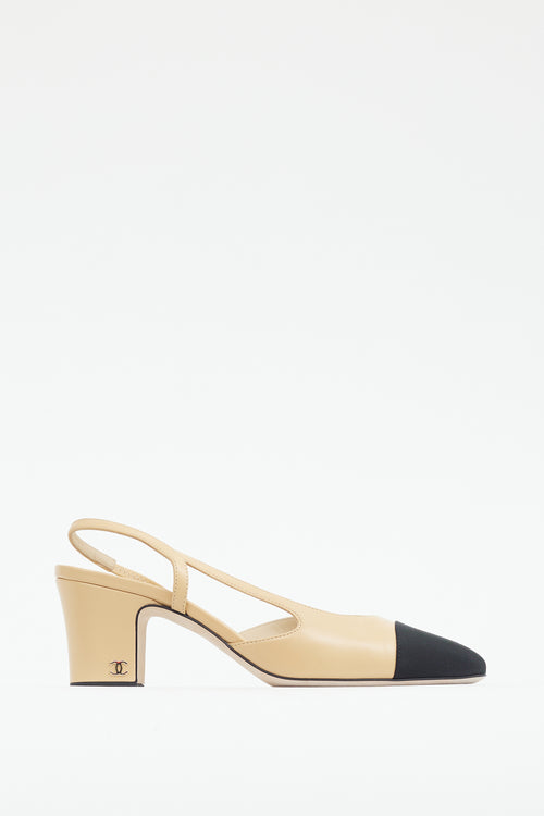 Chanel Beige 
Black Leather Slingback Pump