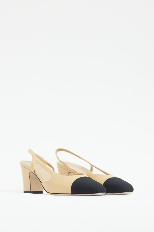 Chanel Beige 
Black Leather Slingback Pump