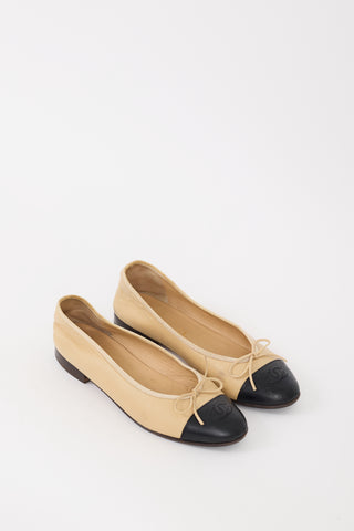 Chanel Beige 
Black Leather CC Ballet Flat